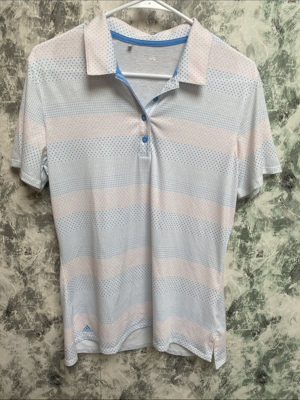 adidas White Polo with Light Blue and orange Dot Pattern